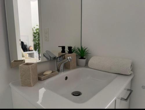 a white sink in a bathroom with a mirror at Studio confortable central in La Roche-sur-Yon