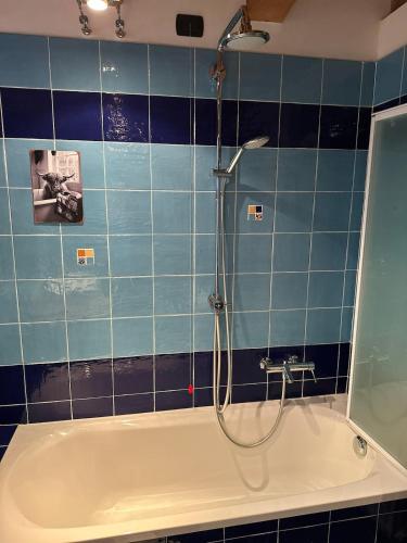 a bathroom with a shower and a bath tub at Chalet La Terrazza Vista Lago in Bellano