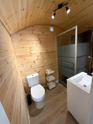 a bathroom with a toilet and a sink at Pipowagen aan het Wandelpad in Lanaken