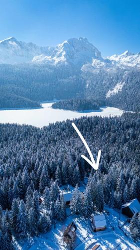 arial view of a snow covered forest with a clock at Black Lake Chalet-300m from Black Lake,Durmitor in Žabljak