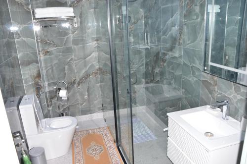 a bathroom with a shower and a toilet and a sink at Residence 33 vèrte in Guelmim