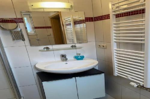 a bathroom with a sink and a mirror at Gemuetliche Doppelhaushälfte in Lubmin in Lubmin