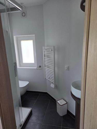 a white bathroom with a toilet and a sink at Le Petit L Orée des Bois in Blainville-sur-lʼEau