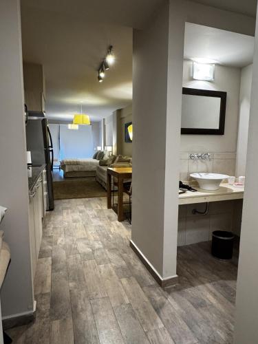 a room with a kitchen and a living room at URBANA SUITES & STUDIOS 440 in San Carlos de Bariloche
