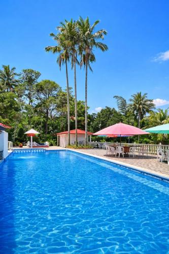 a swimming pool with palm trees and umbrellas at La Cabaña Paraíso Verde Suaita in Suaita