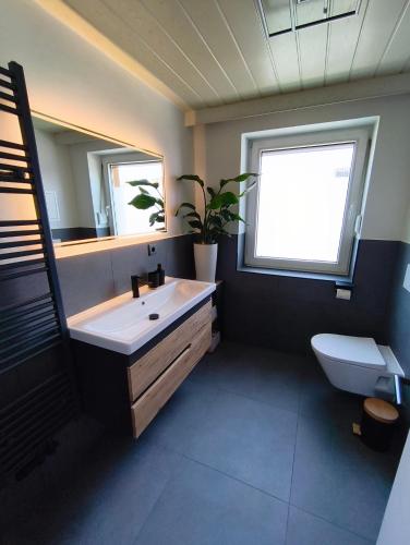 a bathroom with a sink and a toilet and a window at Ferienwohnung Burgperle Burghausen nahe weltlängster Burg zentral 24h Check in in Burghausen