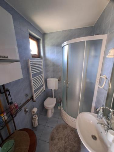a bathroom with a shower and a toilet and a sink at Lavanda in Vukovar