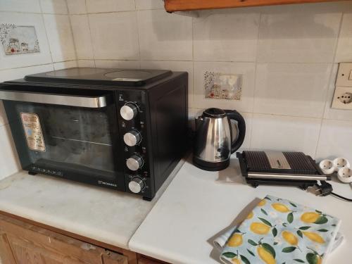 a microwave oven sitting on a kitchen counter at Almyra traditional residence in Andros