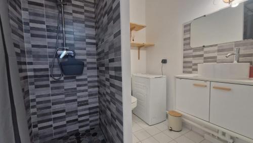 a bathroom with a toilet and a sink and a shower at L'Échappée Bleue Sea view studio in Moule in Le Moule