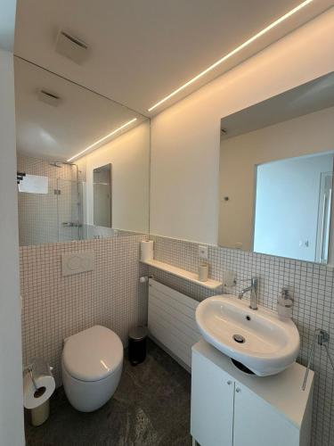 a bathroom with a sink and a toilet and a mirror at La Porta Segreta del Rustico in Gordola