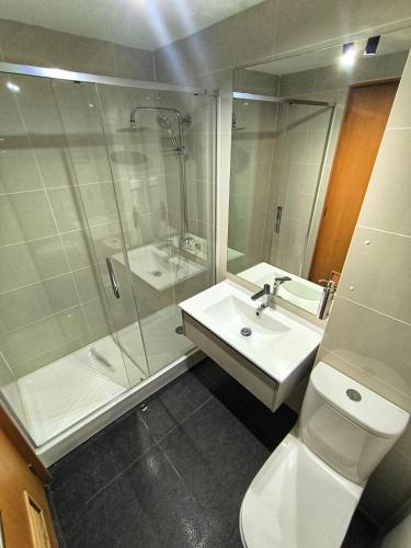 a bathroom with a shower and a sink and a toilet at Hotel LUHA in Puerto Varas