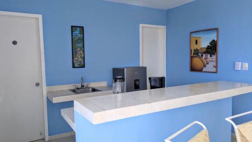 a blue kitchen with a counter and a sink at Henrietta Place B&B in Progreso