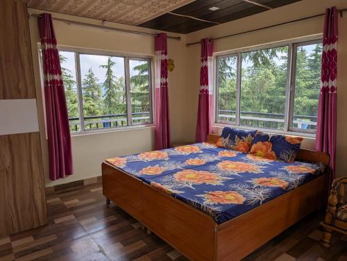 a bedroom with a bed in a room with windows at Deodar hill top home stay chail in Chail