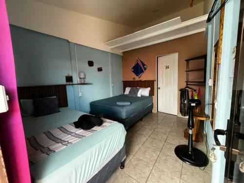 a bedroom with two beds and a cat laying on the bed at Habitaciones Kolibri in Quepos