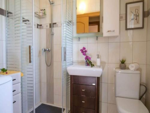 a bathroom with a shower and a toilet and a sink at Rhodes Retreat with Private Pool in Kalathos