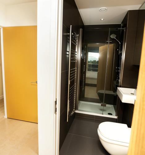 a bathroom with a toilet and a glass shower at CityScape - Greenwich 2-Bed flat in London