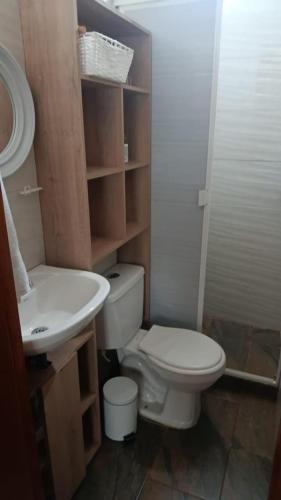 a small bathroom with a toilet and a sink at Cabañas betania in Santa Marta