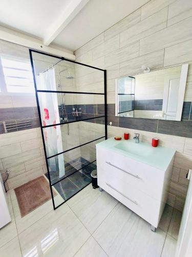 a bathroom with a white sink and a glass shower at Le Marjulem - Logement cosy et bagagerie incluse in Terre-de-Haut
