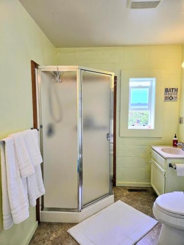 a bathroom with a shower with a toilet and a sink at Ocean view-Huge backyard-Quiet neighborhood in Bodega Bay