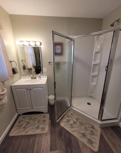 a bathroom with a shower and a sink at Bay Front Manor House in Deale