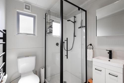 a bathroom with a shower and a toilet and a sink at Ngongotahā Getaway in Rotorua