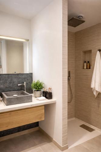 a bathroom with a sink and a shower at Trianon Location in Bagnols-en-Forêt