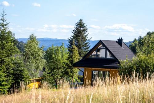 a house in the middle of a field with trees at Domki Krynica in Krynica Zdrój