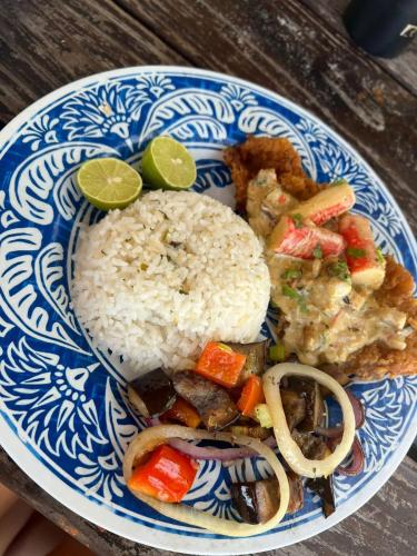 a blue and white plate of food with rice and vegetables at San Blas island cabins in Waisalatupo