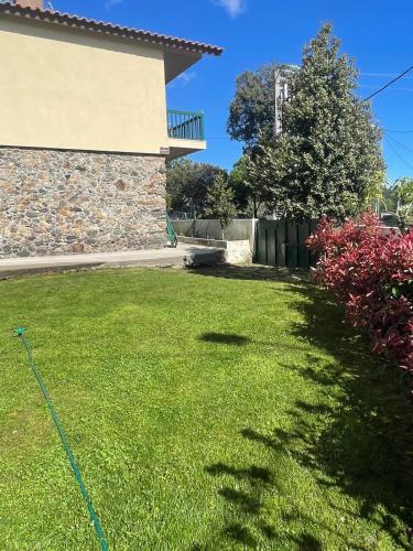 a yard with green grass and a building and a tree at O Palheiro in Bragança