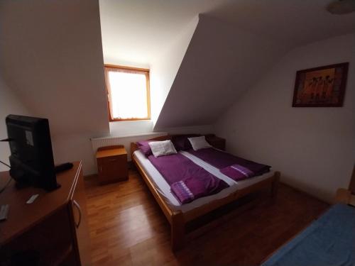 a bedroom with a bed and a tv in a attic at Mohos Vendégfogadó in Kelemér