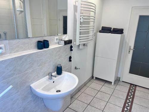a white bathroom with a sink and a refrigerator at Altstadtappartment Plötze 13 Limburg in Limburg an der Lahn