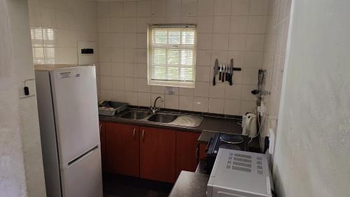 a small kitchen with a sink and a refrigerator at The Edge Mountain Retreat in Hogsback