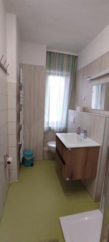 a bathroom with a sink and a toilet and a window at Ferienwohnungen Markgraf in Dresden