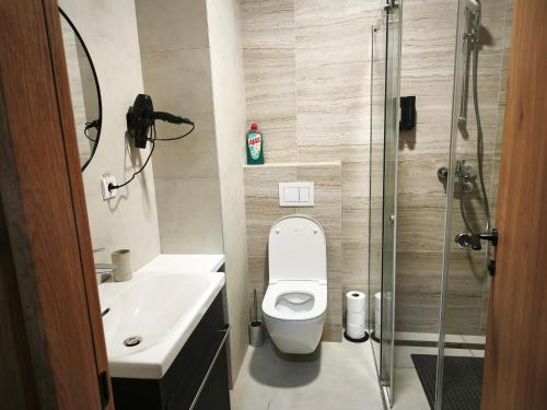 a bathroom with a toilet and a sink and a shower at Narcis in Užice
