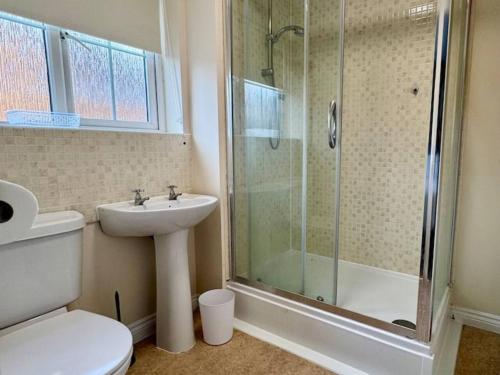 a bathroom with a shower and a toilet and a sink at Gem Relax in Leighton Buzzard
