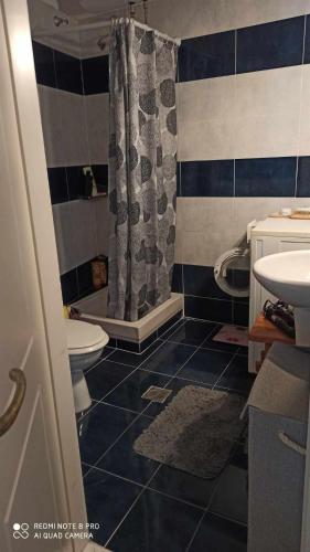 a bathroom with a toilet and a sink and a shower at Margerita in Mytilene