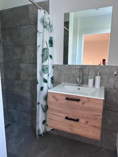 a bathroom with a sink and a shower curtain at Apartament Ełcka 2- Mazury in Orzysz