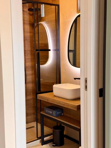 a bathroom with a sink and a mirror at Colina Monteoru in Sărata-Monteoru