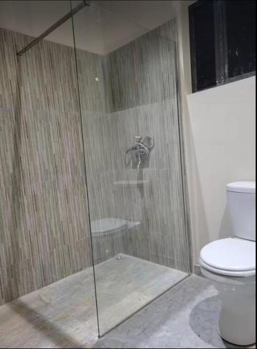 a bathroom with a shower with a toilet at Sable Suites B2, 2 & 3 Bed Apartments in Kabulonga in Lusaka