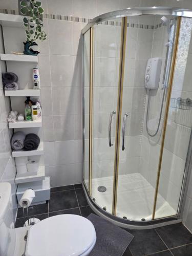 a bathroom with a shower and a toilet at Cosy Bournemouth Bungalow in Longham