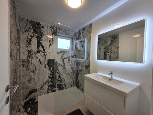 a bathroom with a sink and a mirror at Flexi flat Gosselies Providence 12 in Charleroi