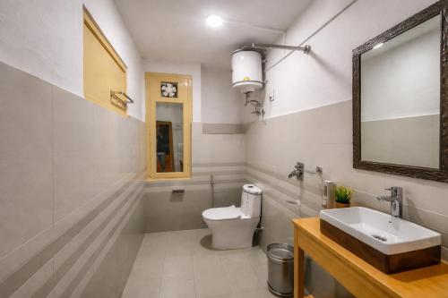 a bathroom with a toilet and a sink and a mirror at Jibhi Emberwood in Jibhi
