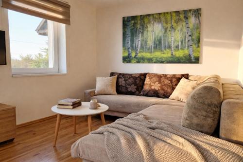 a living room with a couch and a table at Vineyard Cottage with Private Jacuzzi in Metlika