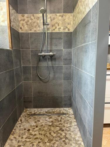 a bathroom with a shower with gray tiles at Le Clos Périgourdin in Église-Neuve-de-Vergt