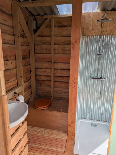 a bathroom with a shower and a sink and a tub at Dyers Meadows Camping in Parkham