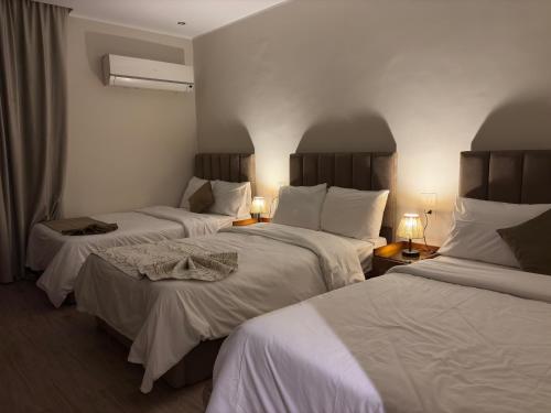 a hotel room with two beds and two lamps at Tutankhamun Pyramids boutique in Cairo