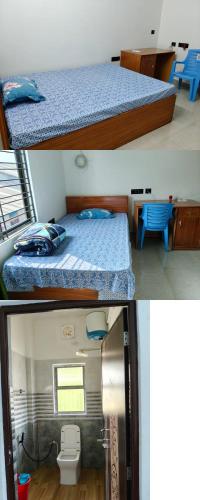 two pictures of a bedroom with a bed and a toilet at The Palindrome in Guwahati