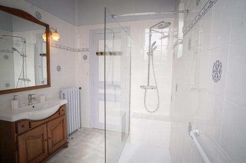 a bathroom with a glass shower and a sink at La Leugnyçoise in Leugny