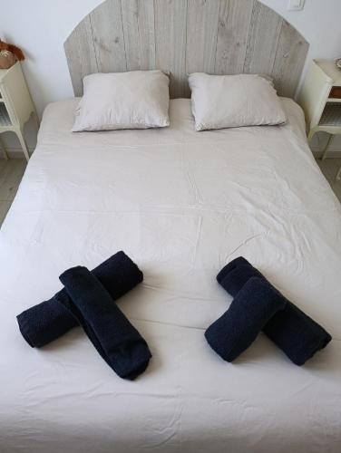 a bed with three blue pillows on it at Au fil des mains in Le Houga