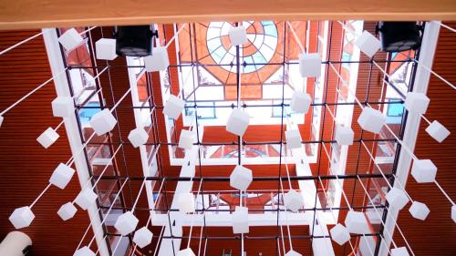 a view from the ceiling of a building with white lights at Hải Phát Hotel in Du Xuyên